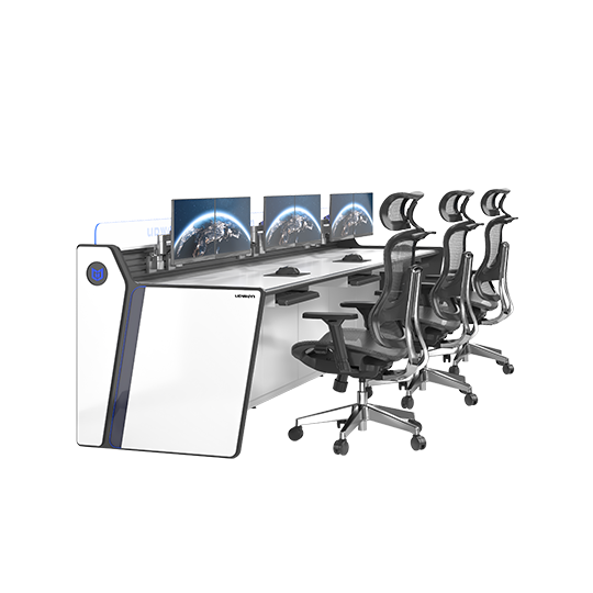 Six ergonomic chairs arranged along a long white desk with six monitors displaying Earth images, in a modern command center.