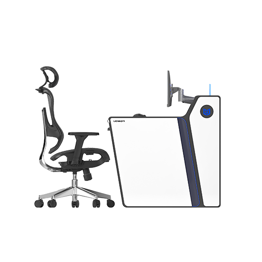 Ergonomic black and silver office chair next to a white, modern desk with a monitor arm and mounted monitor.