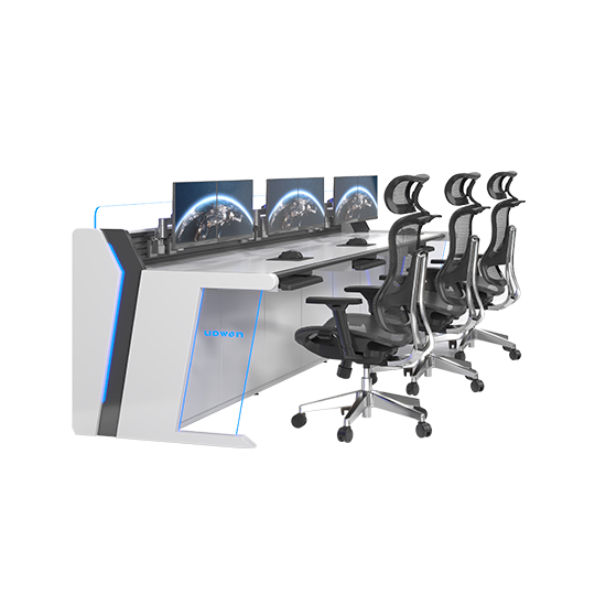 Six ergonomic office chairs arranged at a futuristic control desk with multiple curved monitors displaying Earth imagery