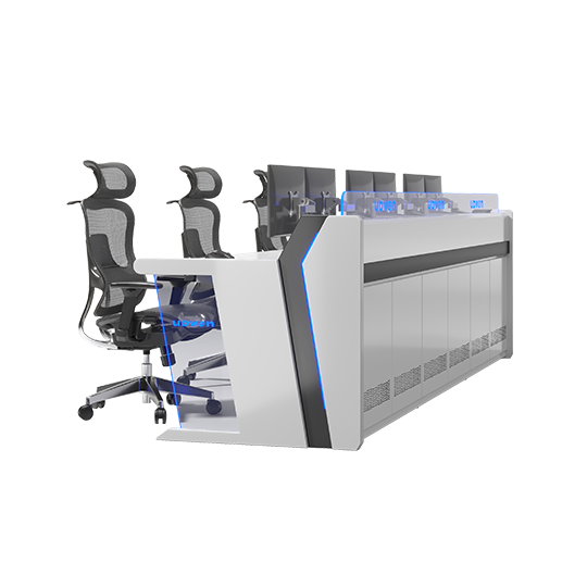 Six ergonomic chairs sit behind a long white high-tech control desk with blue LED accents and translucent partition screens.