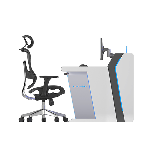 Ergonomic black office chair with wheels sits next to a futuristic white workstation with a mounted monitor and blue accent lighting.
