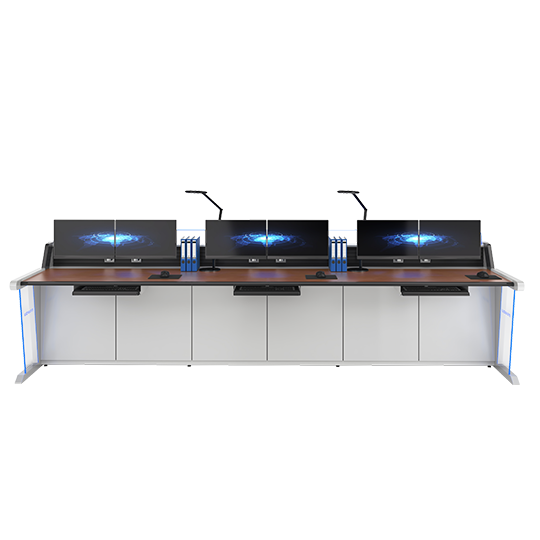 Three computer workstations on a long lab desk, each with a monitor, keyboard, and desk lamp, with storage cabinets below.