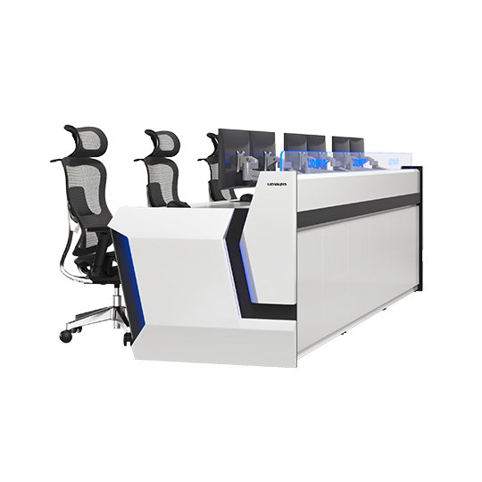 Futuristic white control desk with multiple workstations and ergonomic chairs, each station equipped with several monitors, suited for a control room or command center.