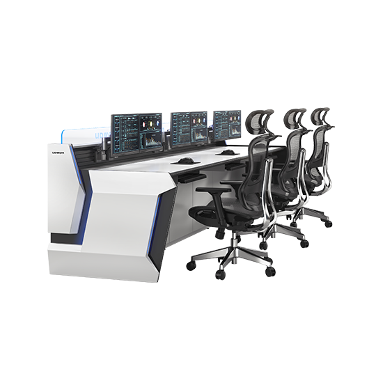 Row of workstations with multiple monitors and black ergonomic chairs in a sleek control desk setup.