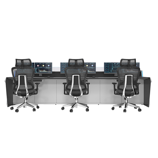 Four ergonomic office chairs sit at a long desk with multiple monitors displaying dashboards in a control-room setup