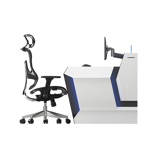 Ergonomic office chair beside a large white high-tech laboratory instrument with a wall-mounted monitor.
