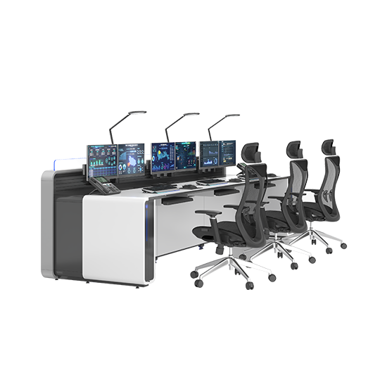 Control room workstation with six computer monitors phones and ergonomic chairs around a long desk