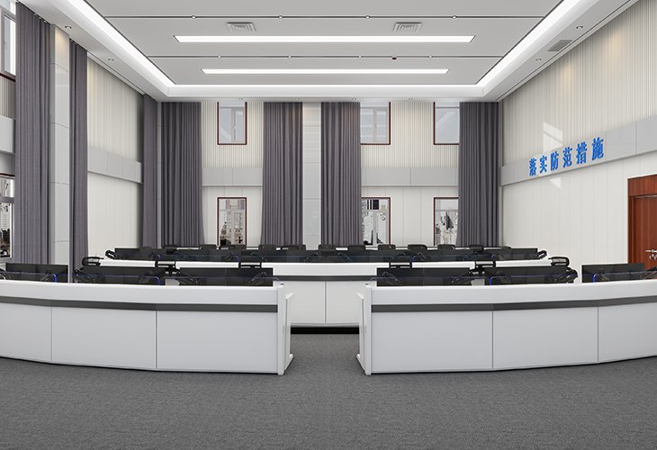 Modern conference room with long U-shaped white desks, black chairs, and grey carpeting in a spacious setting.] You might want to limit to one sentence per item.