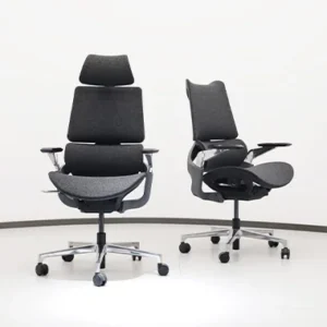 Two dark gray ergonomic office chairs with wheeled bases one tall with a headrest and separate cushions the other shorter with armrests displayed on a white studio backdrop