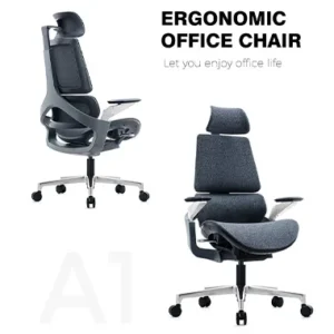 Dual views of an ergonomic office chair with adjustable headrest and padded back shown on casters on a white background