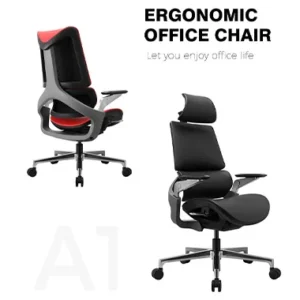Ergonomic office chair with red accents on the left and a black reclining chair on the right image shows the product lineup with the headline ERGONOMIC OFFICE CHAIR