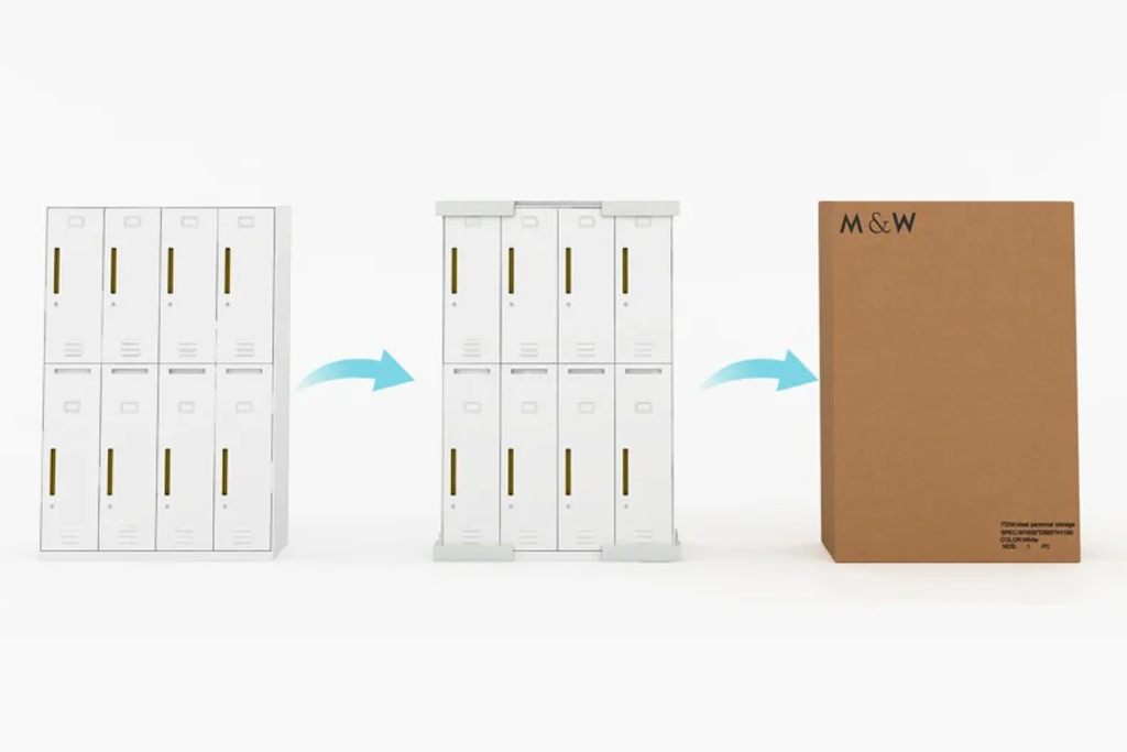 Sequence showing white lockers being moved/stacked from a small bank to a taller bank, then toward a large brown cardboard box labeled 'M&W'