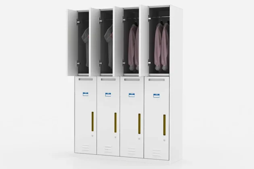 Four white metal lockers, each with the top door open to reveal hanging shirts inside; lower doors are closed.