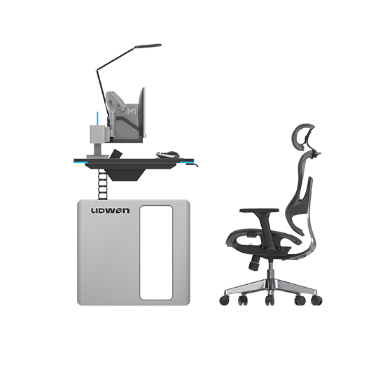 Dental lab milling machine with an adjustable arm on a stand, positioned next to a black ergonomic office chair.