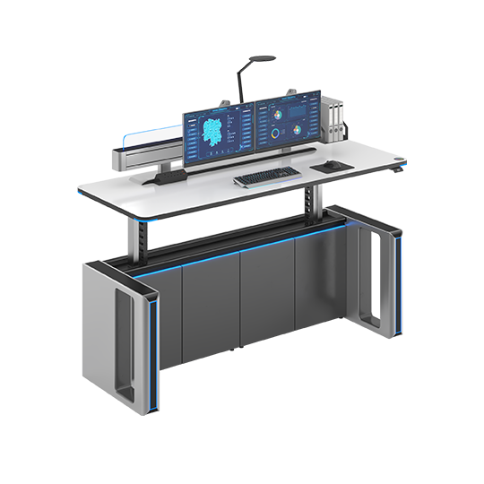 Isometric view of a high-tech control desk with three monitors, keyboard, desk lamp, and modular storage cabinets beneath.