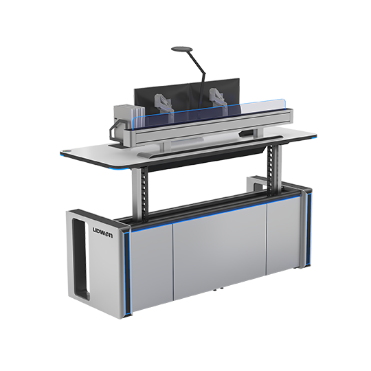 Löwen-brand industrial machine mounted on a two-tier workstation with a large cabinet base, lamp, and workspace below.