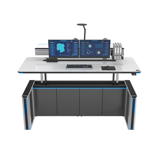 Modern data workstation on a white desk with three wide monitors showing dashboards, plus a keyboard and mouse, and a blue-LED cabinet underneath.