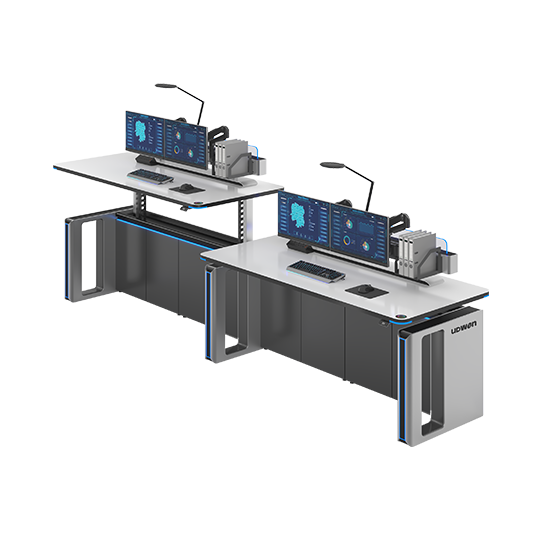 Isometric illustration of two connected computer workstations with dual monitors displaying dashboards keyboards mice and lab equipment on a modern desk setup