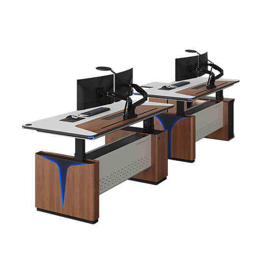 Two ergonomic office desks with dual monitor mounts, monitors, keyboard, mouse, and task lighting, shown from an angled perspective.