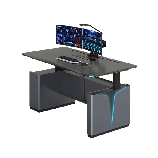 Modern ergonomic computer desk with dual curved monitors, a keyboard and mouse on a wide work surface, and blue accent lighting on the legs.