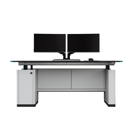 Ergonomic office desk with a dual-monitor setup on a light gray desk against a white background, keyboard and mouse visible at the front.