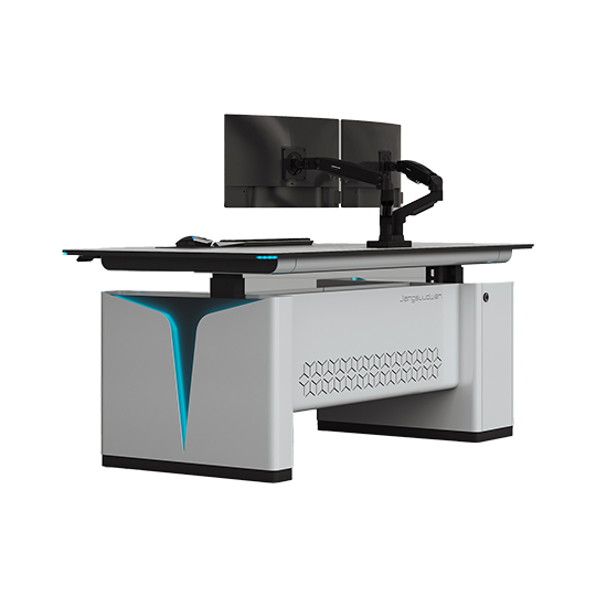 Ergonomic standing desk with a dual-monitor arm and two screens mounted above a sleek white desk, blue accents fore edge.