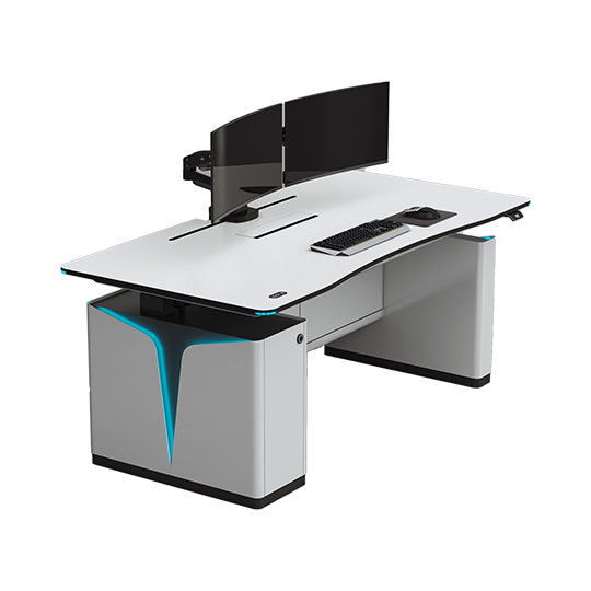 Modern white desk with dual curved monitors keyboard and mouse and blue accent storage pedestal on the leftmost side