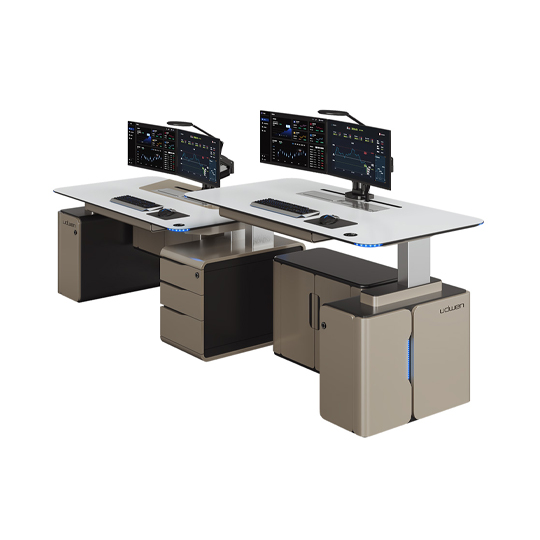 Dual operator workstation with two mounted monitors keyboards and beige computer towers under a shared elevated desk
