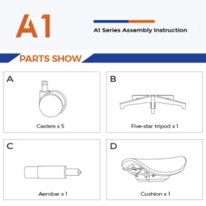 A1 Series Parts Show four boxes labeled AD with drawings of chair parts Casters x5 Five star tripod x1 Aerobar x1 Cushion x1