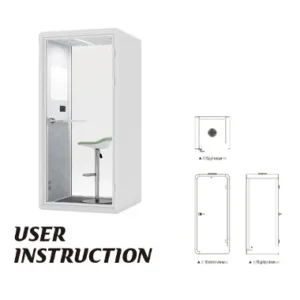 White compact instruction panel showing a booth with a green stool and USER INSTRUCTION text plus schematic views