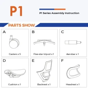 P1 Series parts show A Casters x5 B Five star tripod x1 C Aerobar x1 D Cushion x1 E Backrest x1 F Headrest x1