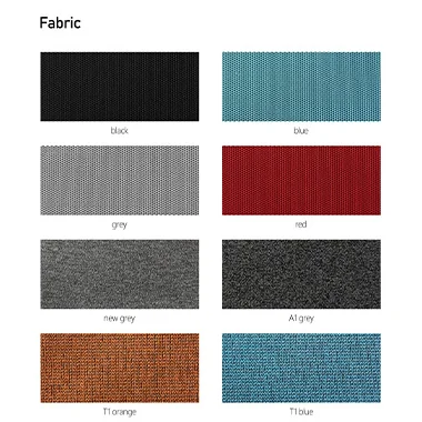 Eight fabric color swatches arranged in two columns black blue grey red new grey A1 grey T1 orange T1 blue fabric catalog