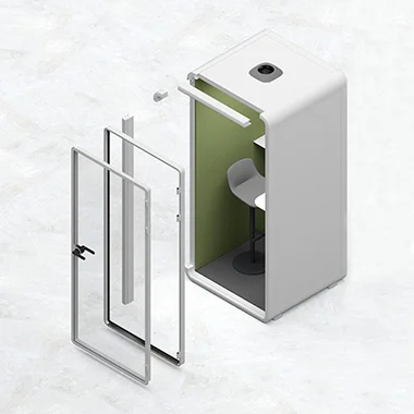 Exploded view of a small white cabinet with its front doors removed, showing a green interior panel and a small interior seat inside.