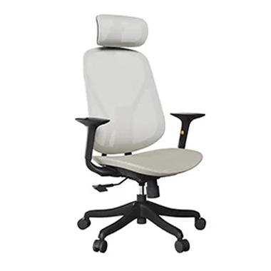 Ergonomic office chair with light gray upholstery a headrest adjustable armrests and a fivewheel base