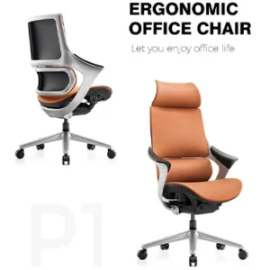 Pair of ergonomic office chairs on a white background a whitegray chair with mesh back and orange accents and an orange leather chair with headrest