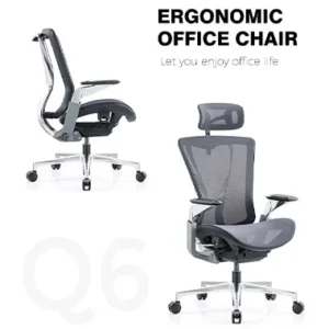 Two views of a gray ergonomic office chair with mesh back headrest and chrome wheeled base