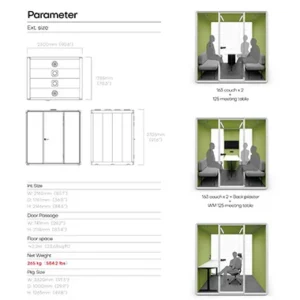 Left technical specification sheet showing external and internal dimensions door passage floor space and net weight right three renderings of a green walled meeting pod with glass doors and people seated around a table illustrating different configurations