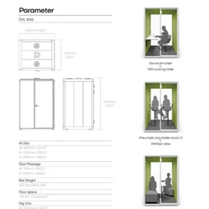 Left page is a parameter sheet with dimensions and orthographic drawings right column shows a green framed seating pod in three configurations with a person inside