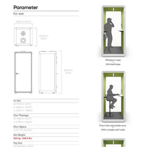 Parameter sheet showing external and internal dimensions with top front and side views in millimeters for a compact enclosure informational image Under the right column diagrams depict a lime green capsule with a person standing inside labels read VM perch seat and VM shelf stool informational