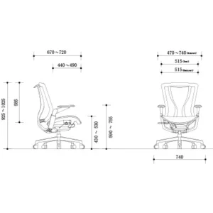 Technical drawing of an adjustable office chair shown in side and front views with labeled dimensions seat height 400590 mm overall width 740 mm and related heightdepth ranges for product specifications