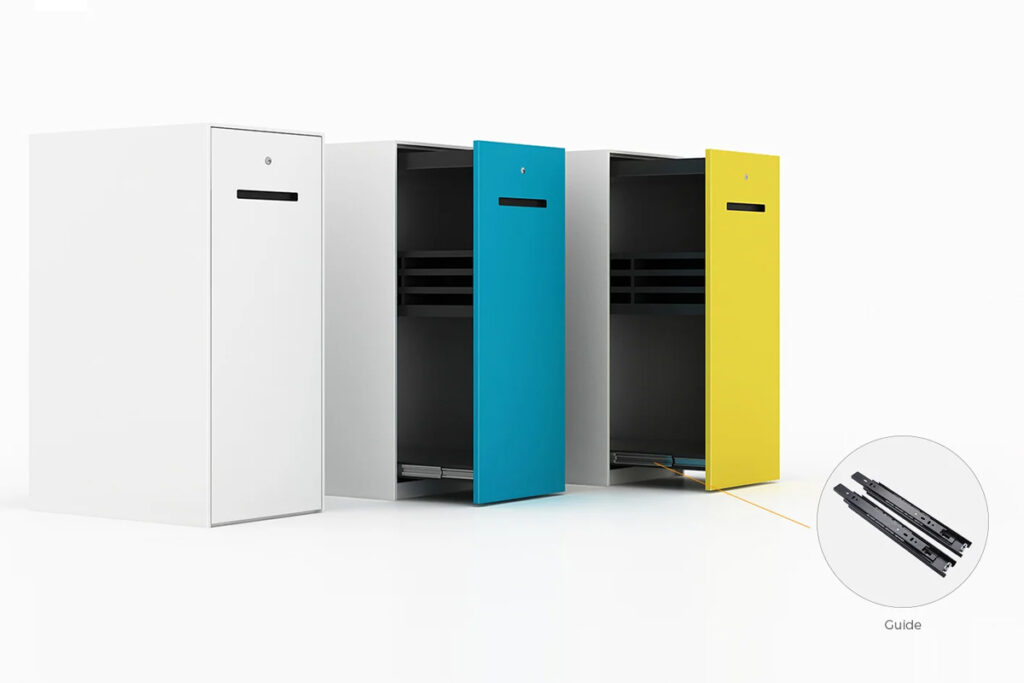 Row of four modern mailboxes in white blue gray and yellow circular zoom shows the rail guide