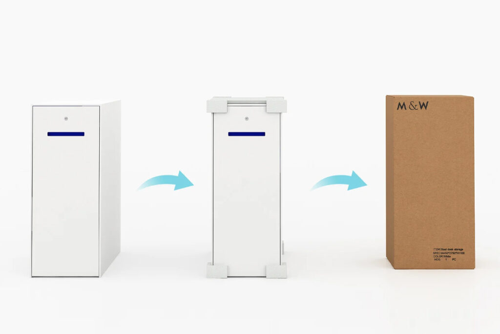 Left to right sequence a white filing cabinet a white transport frame in the middle and a tall brown cardboard box on the right with blue transfer arrows between them