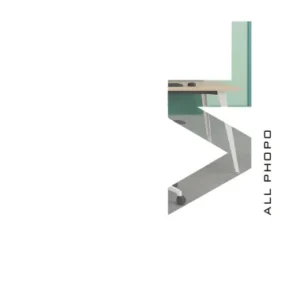 Abstract geometric logo a zigzag metal sculpture with mint and gray panels and the word ALLPHOTO running vertically
