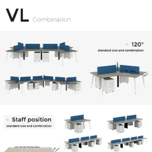VL Combination modular office desks with blue privacy screens arranged in multiple configurations 120° layouts and staff workstations shown