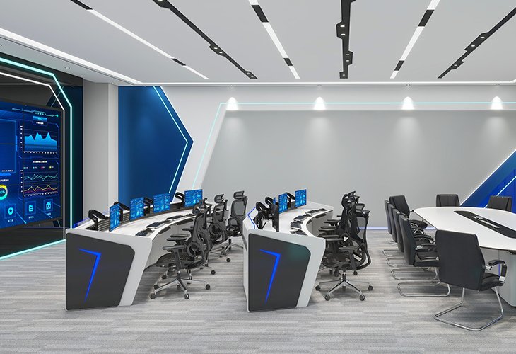 Futuristic command center with curved white desks, multiple monitors, black ergonomic chairs, and a large blue-accented wall display of charts on the left.