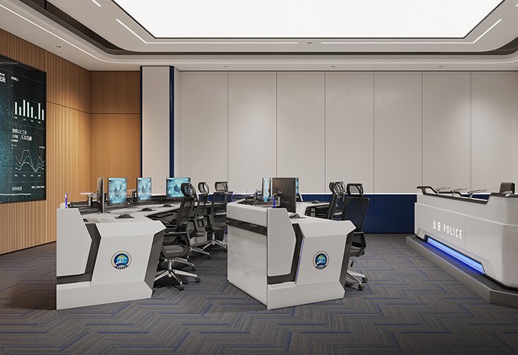 Modern police command center with multiple workstations and computer screens around a central desk area, and a frontline reception labeled 'POLICE' on the right.