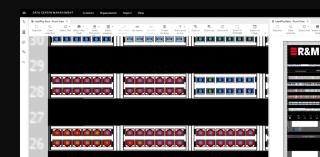 Screenshot of data center management interface showing rows of server racks with red occupancy icons and blue status panels on a front view Rack layout in monitoring tool