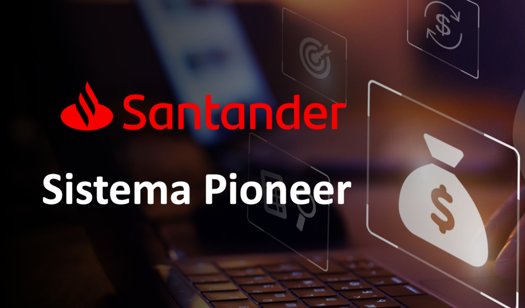 Santander logo and the words Sistema Pioneer on a dark tech themed background with faint floating finance icons
