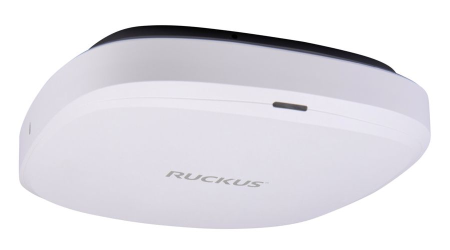 White oval Ruckus wireless access point with a black top surface