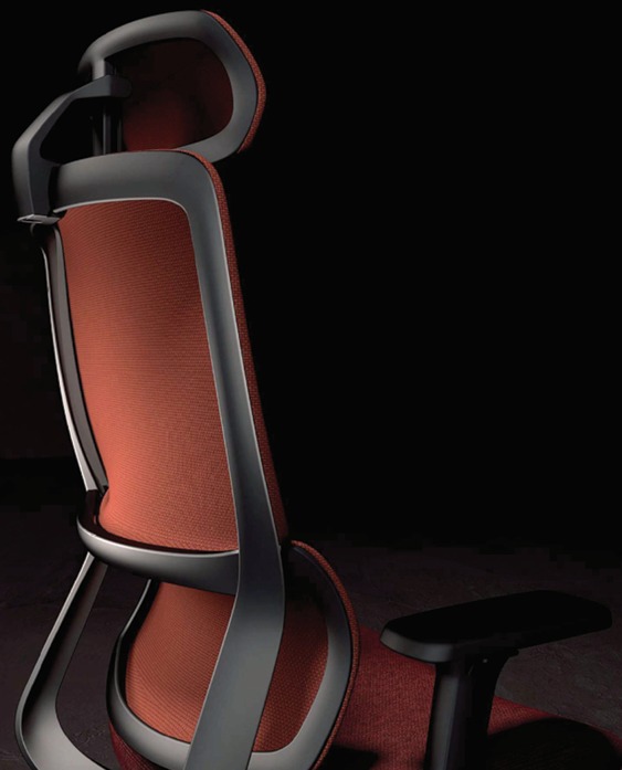 Ergonomic orange office chair with a black frame, mesh back, and armrests set against a dark background.